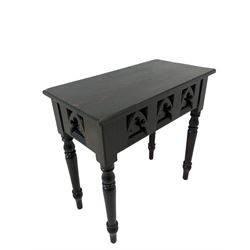 Late 19th century ebonised wood side table, rectangular top over frieze decorated with cusped arches, on turned supports