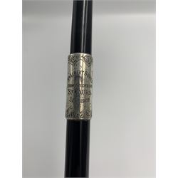Edwardian silver mounted ebonised conductors baton, the silver collar engraved 'Mr Albert Bowes, From Friends at St Pauls Sep. 1907', with floral chased pommel and terminal, L45.5cm 