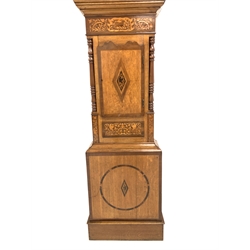 Victorian oak, mahogany and rosewood longcase clock, white painted enamel dial inscribed 'Geo Keates, Cheadle' with Roman chapter ring, subsidiary date aperture and seconds ring, swan neck pediment over mahogany frieze and turned pilasters, box wood marquetry detailing, eight day movement striking on bell, H231cm