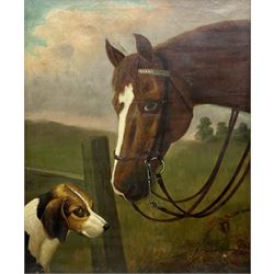 Attrib. Colin Graeme Roe (Scottish 1855-1910): 'Members of the Hunt' Portrait of Chestnut Horse with Hound in Field, oil on canvas unsigned, inscribed on stretcher verso 59cm x 49cm