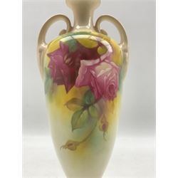 Mid 20th century Royal Worcester vase by Mildred Hunt, of ovoid form with twin acanthus and scroll mounted handles, the body hand painted with roses, signed M Hunt, upon circular foot, puce printed marks beneath including shape number 2710 and date code for 1945, H28cm