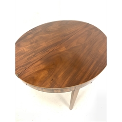Georgian mahogany demi-lune fold over tea table, the cross banded top over figured frieze and square tapered supports, with boxwood string inlay