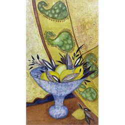 Giuliana Lazzerini (Italian/Yorkshire 1951-): 'Lemons by the Curtain', watercolour signed and dated '94, titled verso 24cm x 14cm