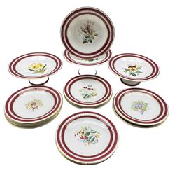 19th century porcelain dessert service, each painted with floral sprays within a gilt and maroon banded border, comprising twelve plates, three low comports and one high comport