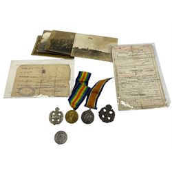  WWI pair of War Medal and Victory Medal to Pte. Herbert John Purnell, 4th Battalion, London Regiment, 3719 with his discharge certificate 1919, WWI wound badge, Post Office Rifle Corp cap badge, Rifle Brigade badge, post card of the Red Cross Hospital, Cheltenham Racecourse and other postcards 