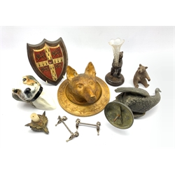 Pottery fox mask wall plaque by E Bradley 1929 D22cn, pottery hounds head plaque, pair of plated hound knife rests, brass figure of an ostrich, small Black Forest bear H14cm etc