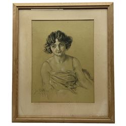 French School (Early 20th century): Portrait of a Young Woman, charcoal and pastel indistinctly signed and dated 1919, 44cm x 33cm