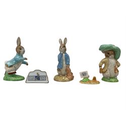 Three Beatrix Potter figures, comprising Royal Albert Peter with Red Pocket Handkerchief, Royal Albert Benjamin Bunny and Beswick Peter Rabbit 100 Years, H18cm and smaller, together with two Peter Rabbit 100 years display signs