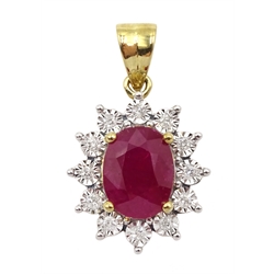 Gold oval ruby and round brilliant cut diamond pendant, stamped 375, ruby approx 1.80 carat