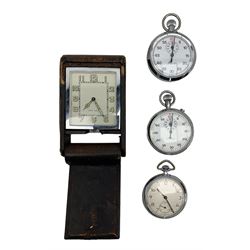 Jaeger LeCoultre Art Deco travel clock with eight day movement in folding leather case, Kienzle pocket watch and two stop watches (4)