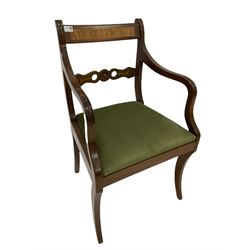 Regency style elbow chair, the inlayed cresting rail over carved and pierced back rail, over drop in seat pad, raised on sabre supports (W50cm) together with Edwardian side table, fitted with one drawer on square supports