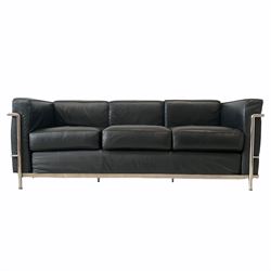 After Le Corbusier - 'LC2' design sofa, with black leather upholstered loose cushions and chrome frame 