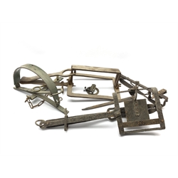 Five various vintage gin traps.  These are sold for ornamental purposes only as their use is illegal
