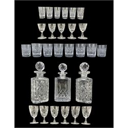 Set of cut table glass and three square glass spirit decanters 