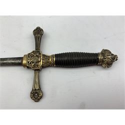 19th Century Continental court sword with silver gilt and ebonised grip and coat of arms, blade length 77cm