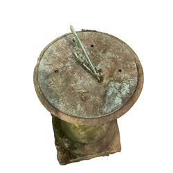 19th century sundial, the copper dial with Verdigris finish raised on a carved gritstone baluster column 