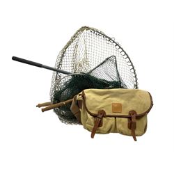 Hardy leather trimmed canvas fishing bag, two boxes of tied flies, antler priest, three landing nets and other angling accessories