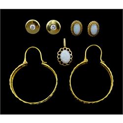 Pair of gold opal stud earrings, opal pendant and a pair of cubic zirconia stud earrings, all 9ct and a pair of 14ct gold key design hoop earrings