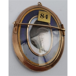 English School (Early 19th century): Portrait of 'Hamilton Ross', miniature on ivory, in gold (tested) mount with split pearl surround, guilloche enamel mount encasing a feather verso, 6cm x 4.5cm