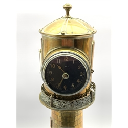 Late 19th/Early 20th century French automaton brass lighthouse clock, revolving top with clock, aneroid barometer and thermometer, on slate base, missing secondary thermometer H43cm