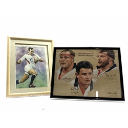  Stuart Smith (20th/21st century): study of Charles Hodgson running with rugby ball, watercolour, inscribed and signed, dated '05, framed, and miniature rugby ball signed by Hodgson, 1995 Rugby World Cup England Harlequins picture of Will Carling, Brian Moore and Jason Leonard, each bearing signature, framed   