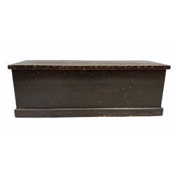Victorian stained pine blanket box, hinged lid revealing plain interior, raised on castors W124cm