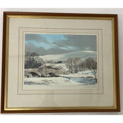 Michael Barnfather, artist signed print of a winter landscape, print sellers blind stamp, published by Alexander gallery, 29cm x 37cm