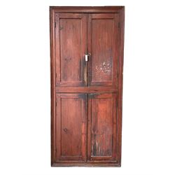 19th century stained pine tall country kitchen press, with four fielded panelled doors enclosing four shelves, W93cm, H204cm, D33cm