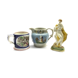 18th century Pratt type pearlware figure of a Classical Maiden (a/f) H15cm, Pratt type Pearlware jug relief moulded  with Classical figures and grape vine border and a 19th century Staffordshire transfer printed mug (3)