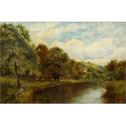 Nathaniel Hickman (British 19th century): River Landscape with Distant Church, oil on canvas signed and dated '84, 50cm x 76cm