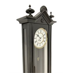 German - late 19th century single weight Vienna regulator, in an ebonised case with a gable pediment and finials, fully glazed door with a visible pendulum and two part enamel dial with Roman numerals and steel spade hands, 8-day movement with a  weight driven deadbeat escapement. No weight.