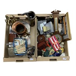 Two companion stands, trench art shell case, aneroid barometer, cigarette cards, two plated trays etc in two boxes