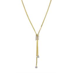 Yellow gold box link chain necklace, with white gold spiral and ball pendant, stamped 14K