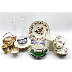 Six Royal Crown Derby 'Lombardy' pattern plates D20cm, six Hammersley 'Victorian Violets' plates D20cm and five matching bowls, other decorative china and two glass decanters