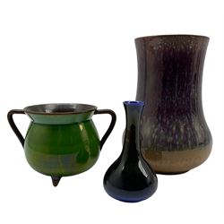 Pilkingtons Lancastrian pottery drip glazed vase in purple, beige etc H20cm, a small Lancastrian blue and brown vase H12cm and a Watcombe two handled cauldron shape vase after a design by Christopher Dresser (3)