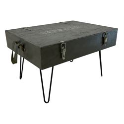 Ex-military green painted wooden coffee table, the hinged lid inscribed  'Case Lamp Filaments', on black painted loop feet