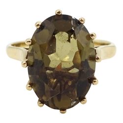 9ct gold single stone oval smoky quartz ring, hallmarked