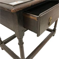 17th century oak side table, rectangular top with moulded edge, fitted with single drawer, raised on turned supports united by box-stretcher