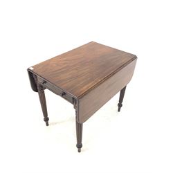 Regency mahogany Pembroke table, with two drop leaves, drawer and faux drawer to each end, raised on turned reeded supports W58cm
