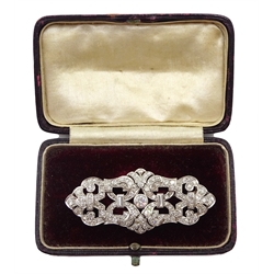  Art Deco platinum diamond set brooch, baguette and round cut diamonds  