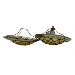 Pair of Tiffany style hanging ceiling domes with brushed chrome brackets, one with light fitting and ceiling rose W35cm