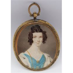 English School (19th century): Lady with an Ermine Stole, portrait miniature unsigned, locks of hair verso 6cm x 5cm