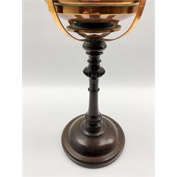 Late 19th century turned wooden oil lamp with copper frame and reservoir, green glass ribbed shade and clear glass chimney, H63cm (to green shade)