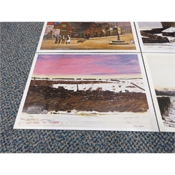 Peter Brook (British 1927-2009): 'New Year's Eve - 4 Fresh Men', 'B&B', 'Red Sky at Night', and 'Sheep in Winter', set four colour prints on Christmas cards signed in pencil  21cm x 30cm 
Provenance: commissioned for the Spring Ram Corporation, two cards dedicated to the vendor by company directors Bill Rooney and Bob Murray (whose initials spell RaM). The 'New Year's Eve - 4 Fresh Men' print is a variant of the alternative amended to reflect the Spring Ram connection: it contains a sign reading 'Rooney & Murray Plumbers', a sign for the 'Spring Inn' and a street called 'Ram Street'.