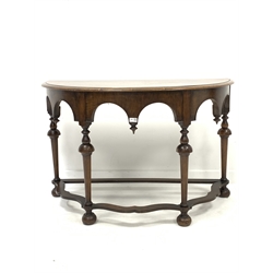 Victorian walnut demi lune console table, well figured top over Gothic arched apron, raised on turned supports united by serpentine stretchers, W118cm, H76cm, D59cm
