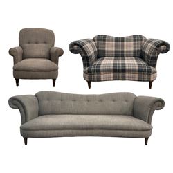 Lounge suite, comprising of one four seater sofa (W, 245cm) with buttoned back in grey fabric with matching chair (W, 85cm) and 'loveseat' two seater sofa in chequered fabric (W, 155cm) 