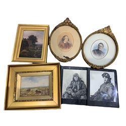 Pair Victorian overpainted portrait prints in oval frames; small oil of cottage, small watercolour of Highland cows and pair painted photos of RAF pilots max 20cm x 14cm (6)