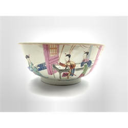 18th/19th century Chinese punch bowl, the exterior depicting various figures within interior or veranda settings, D26.5cm (a/f)