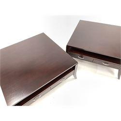 Pair of contemporary mahogany coffee tables, each with two tiers, two drawer and raised on splayed supports 
