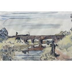 Ralph Richardson (British 1902-1983): Steam Train Travelling over a Viaduct, watercolour and crayon signed and inscribed and dated '46 on the mount 24cm x 33cm